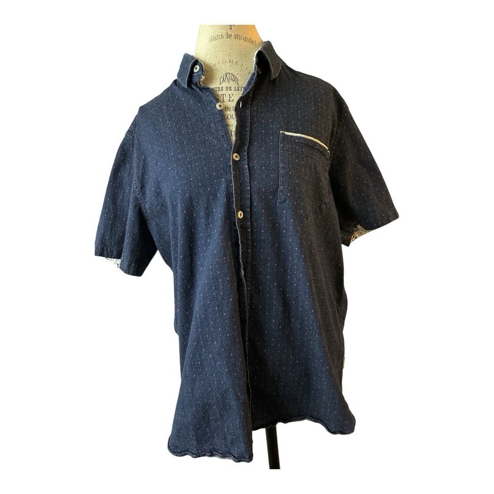 7 Diamonds Button Up Shirt XL Mens Denim Stretch Short Sleeve Pink Dots